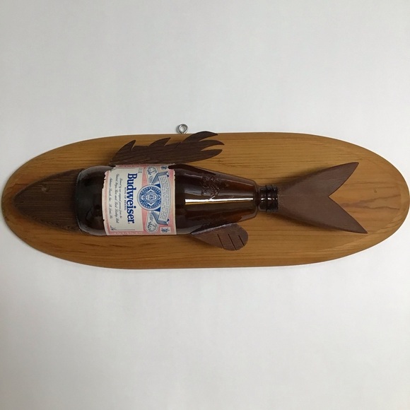 Budweiser Beer Bottle Fish Wall Plaque Wood Handmade Bud Folk Art Bar Decor 80’s - Picture 1 of 16